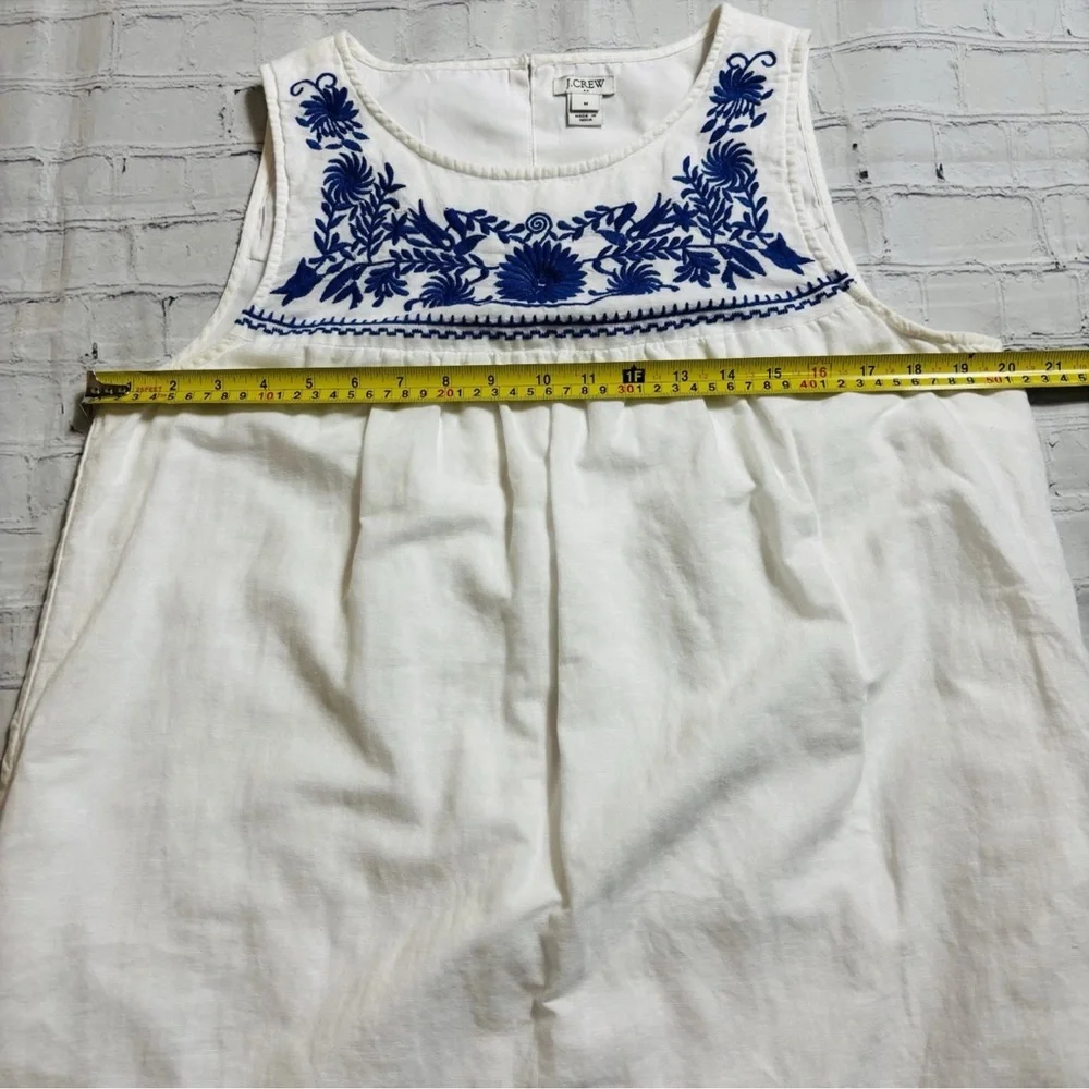J. Crew Embroidered Dress Size M White Blue Linen Cotton Lined Beachy Boho - Picture 7 of 10